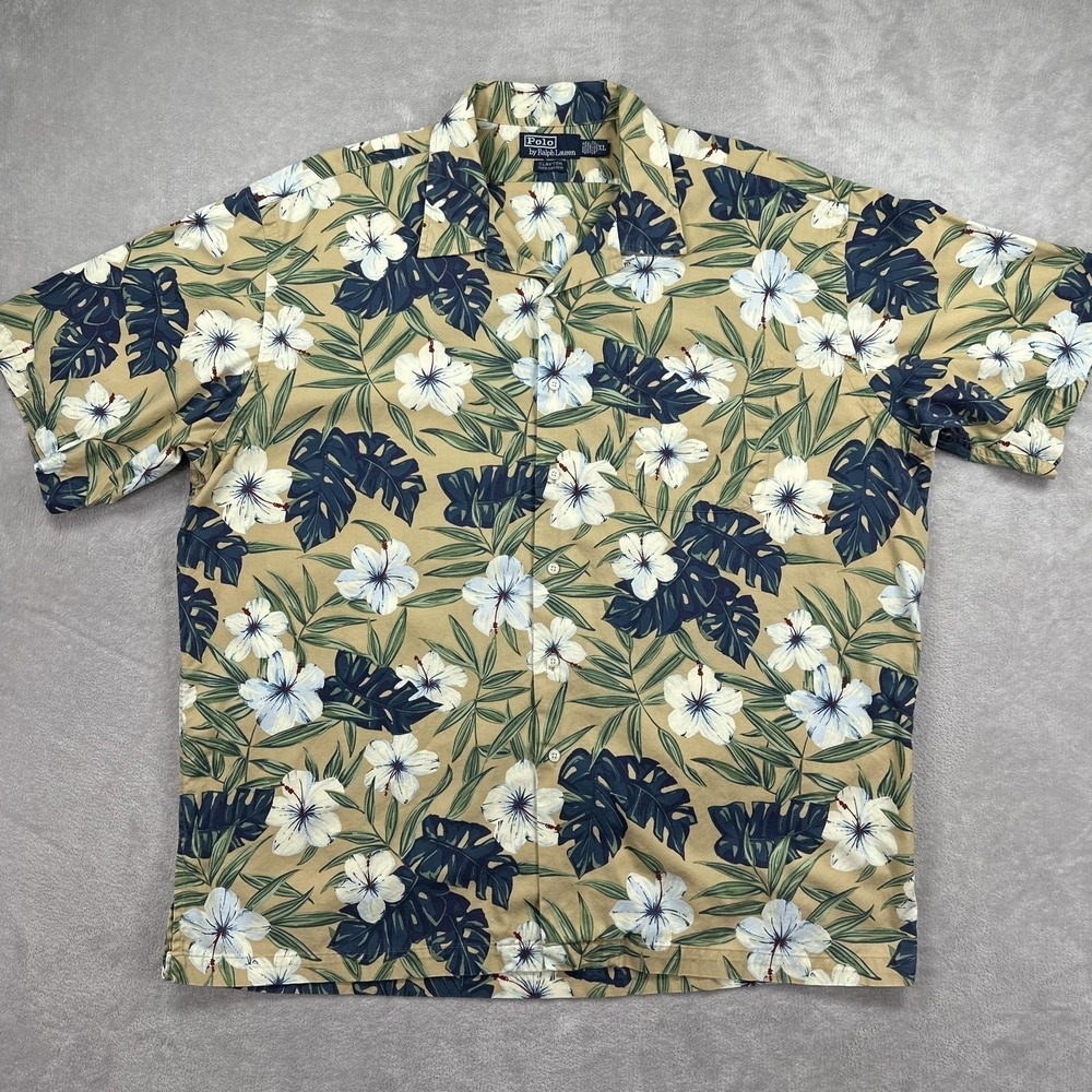 Polo Ralph Lauren Clayton Shirt Men XL Tan Tropical Hibiscus Floral Camp Cotton